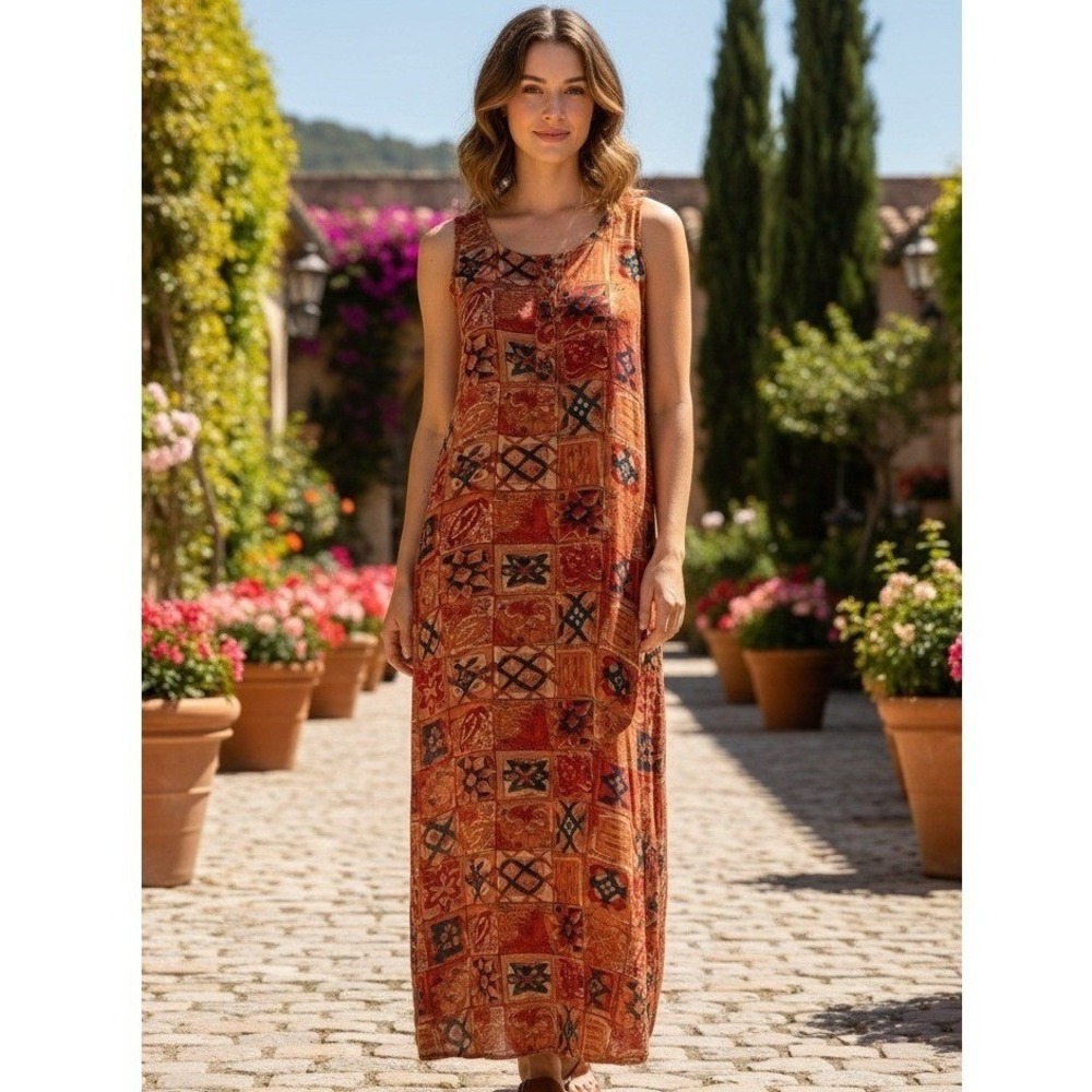 Vtg Adini Maxi Dress Womens M Sleevless Boho Hippie Festival Geometric Rayon NWT